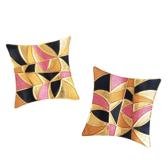 Vintage Gold Metallic Enamel Pierced Post Earrings - Picture 5 of 15